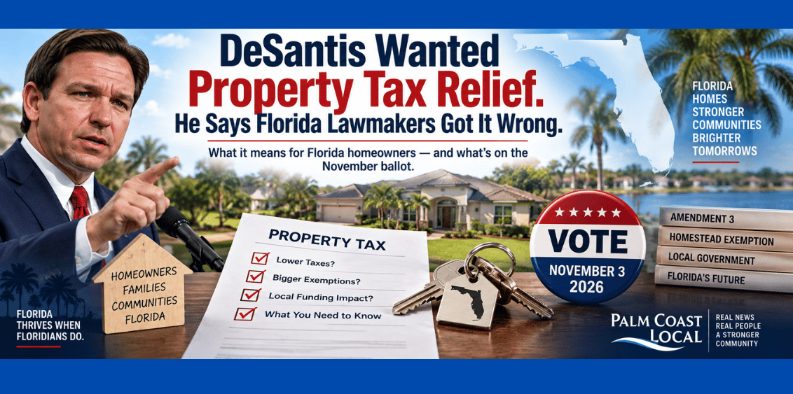 Gov. Ron DeSantis alongside a Florida home, property tax documents and November 2026 ballot imagery highlighting Florida’s property tax relief debate on PalmCoastLocal.com.