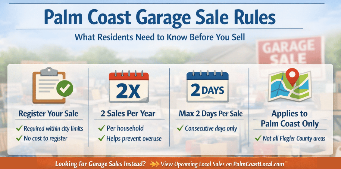 Palm Coast garage sale rules infographic showing registration requirement, limit of two garage sales per household per year, maximum of two consecutive days per sale, and rules specific to Palm Coast city limits Florida | PalmCoastLocal.com™