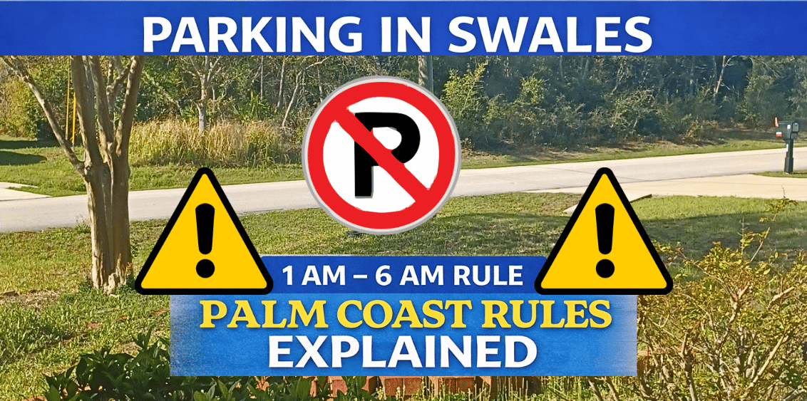 Palm Coast Florida neighborhood street with visible swale drainage system between sidewalk and roadway, illustrating proper residential layout and areas where parking in swales is restricted to prevent flooding and damage to stormwater flow