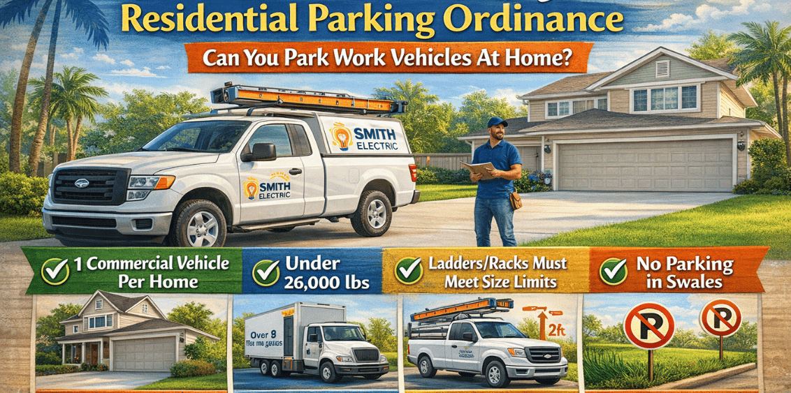 Palm Coast residential parking ordinance infographic illustrating driveway parking rules for residential home property, including one commercial vehicle per home under 26,000 pounds, ladder and rack size limits, no parking in swales, and restrictions on oversized vehicles, utility trailers, boats, and RVs | Palm Coast Local