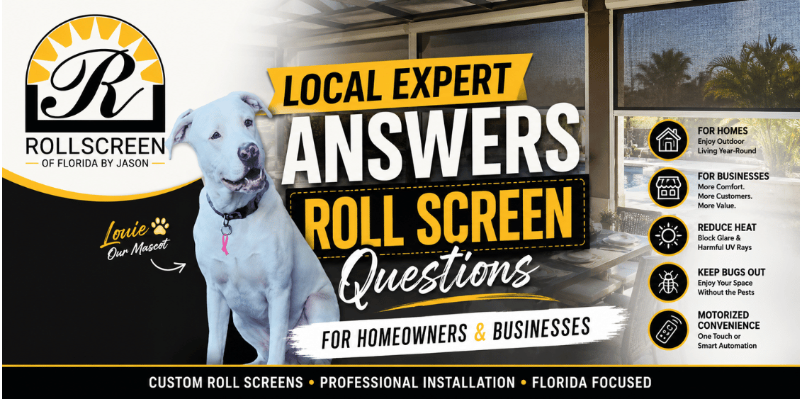 Louie, the mascot for Rollscreens of Florida by Jason, helps answer common roll screen questions for homeowners and businesses. Learn how motorized roll shades, retractable screens, and patio screens improve outdoor comfort, reduce heat and glare, increase privacy, and enhance Florida outdoor living spaces. Perfect for lanais, patios, restaurants, and commercial properties seeking year-round comfort and protection.