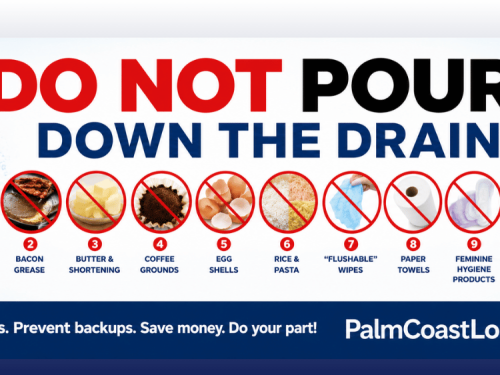 Public awareness graphic warning residents not to pour grease, oils, wipes, food waste, and other clog-causing items down household drains to help protect sewer systems and prevent backups.