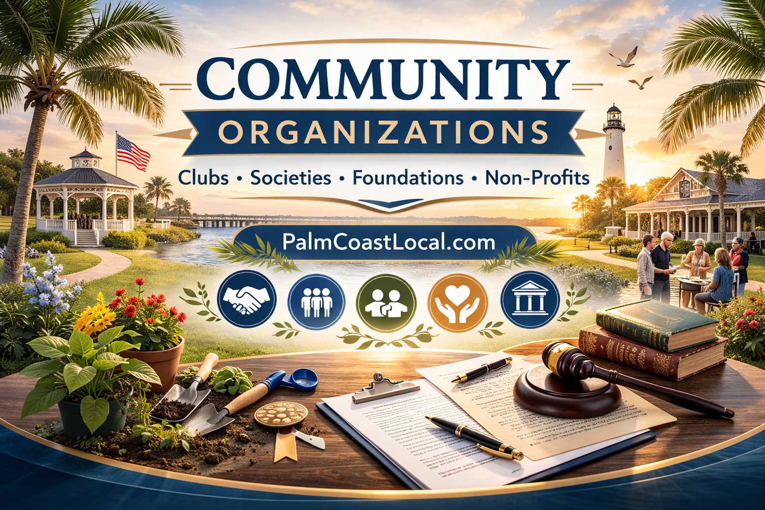 Community Organizations category banner featuring a coastal Florida setting with civic symbols representing clubs, non-profits, foundations, societies, and service groups connected through PalmCoastLocal.com.
