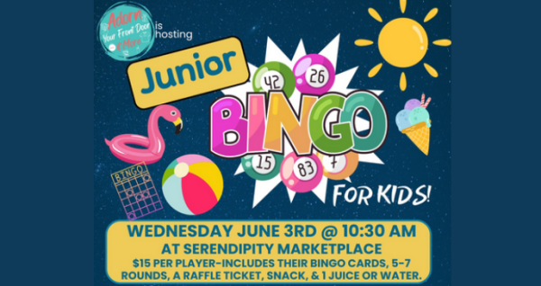 Kids bingo event at Serendipity Marketplace featuring games, prizes, snacks, and summer fun for ages 8–17 on June 3, 2026 at 10:30 AM.