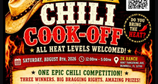 Community chili cook-off at 2K Ranch featuring cooking competition, live music, line dancing, vendors, and a school supply drive on August 8, 2026.