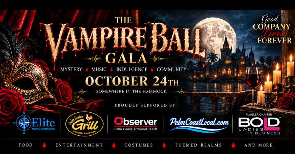The Vampire Ball Gala promotional banner featuring a moonlit castle, masquerade mask, candles, red roses and sponsor logos for the October 24 immersive experience in The Hammock on PalmCoastLocal.com.