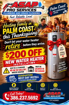 $200 OFF a new water heater installation for Palm Coast and surrounding area homeowners.
